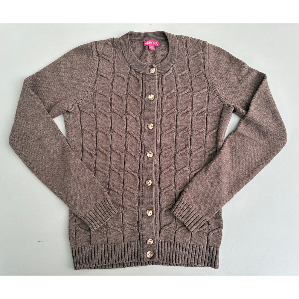 Earthy Brown Cable Knit Cardigan Cotton Wool Blend Button Sweater Women's S